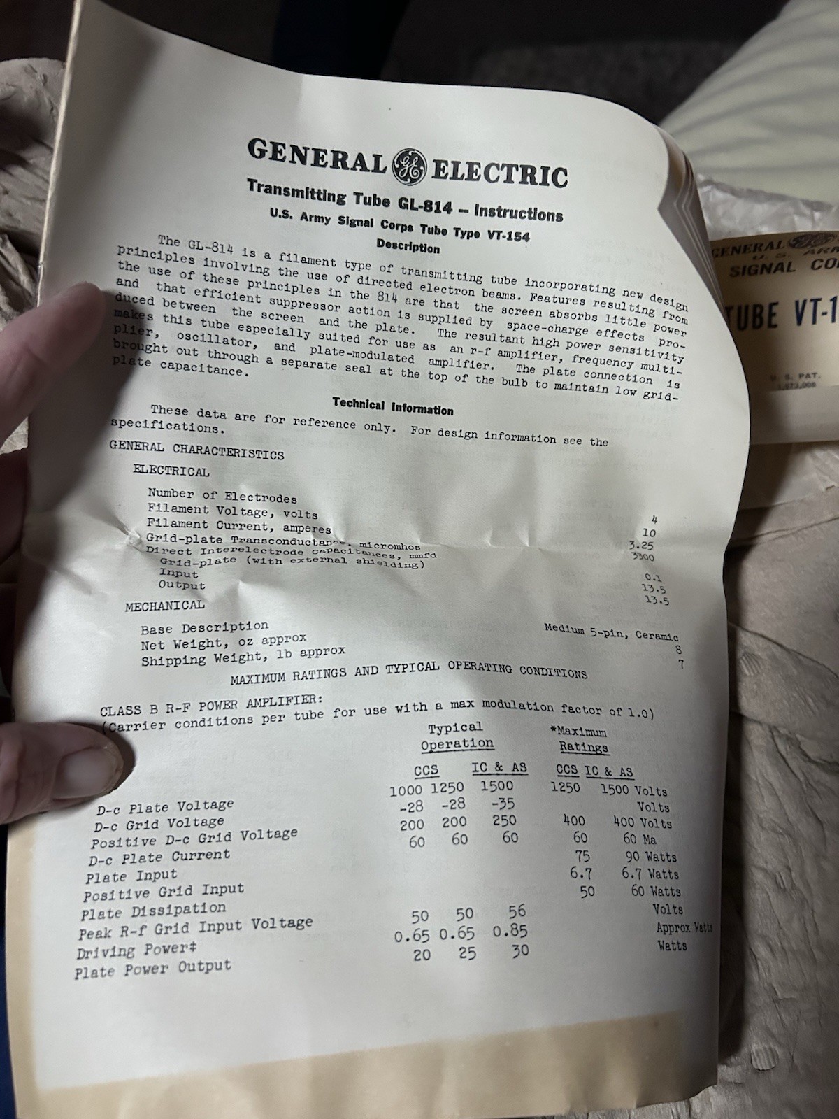 GE VT-154 814 Tube WWII US Army Signal Corps Box Tested filament tested ✅