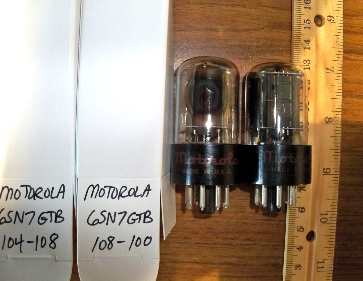 2 Strong Matched MOTOROLA by RCA Black Plate Side D Getter 6SN7GTB Tubes