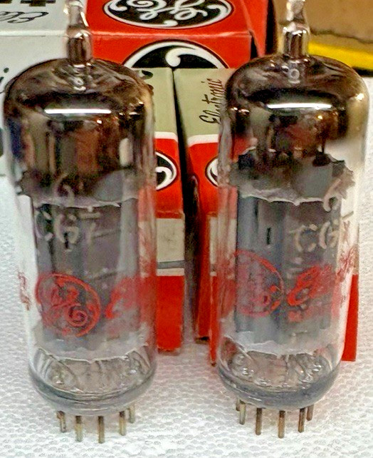 VERY RARE 1960 NOS NIB PERFECT MATCH PAIR 6CG7 6FQ7 GE TRIPLE PLATES *RED LOGOS*