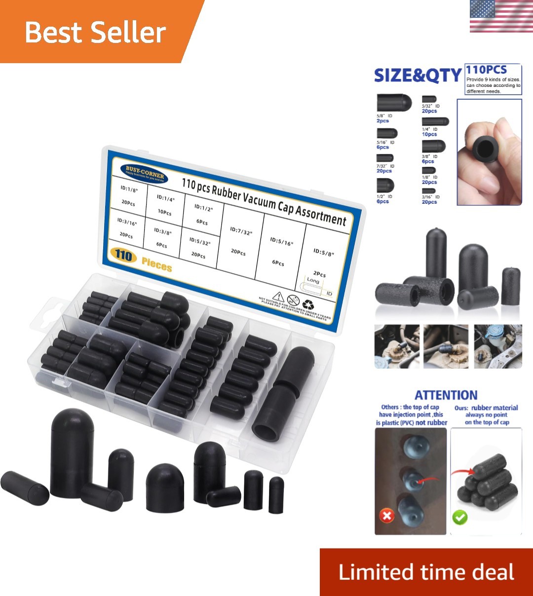 Versatile 110 PCS Rubber Vacuum Caps – Twist-on Closure, 9 Size Options