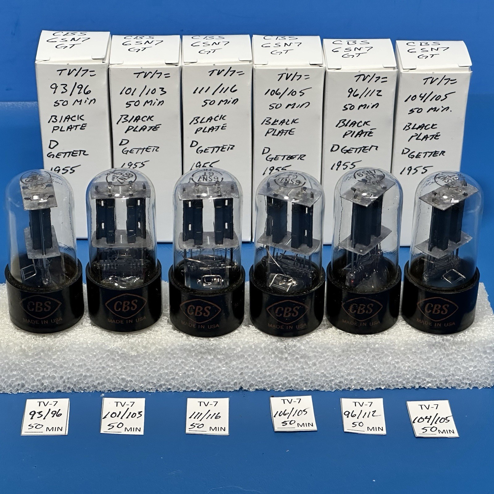 SIX 1955 CBS 6SN7GT BLACK PLATE D GETTER TUBES ALL TESTED OVER 100%