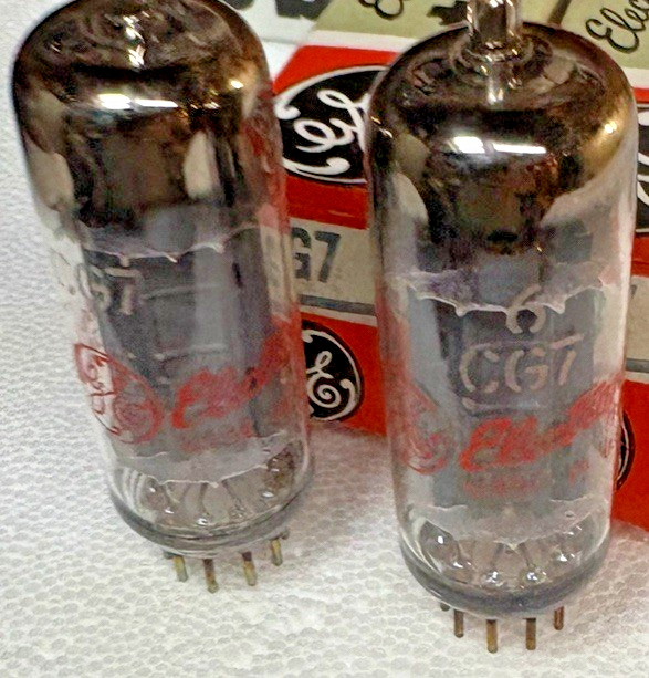 VERY RARE 1960 NOS NIB PERFECT MATCH PAIR 6CG7 6FQ7 GE TRIPLE PLATES *RED LOGOS*
