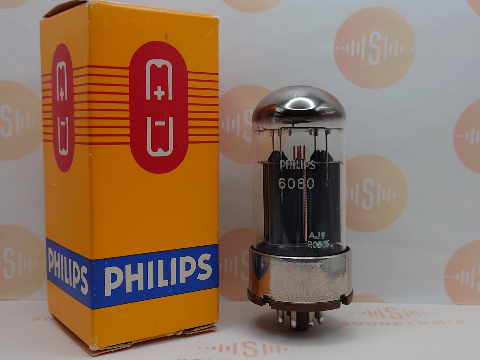 1x Mullard 6080 3-Mica Black Plates Metal Base-Philips Label-Mitcham ’60-NearNOS