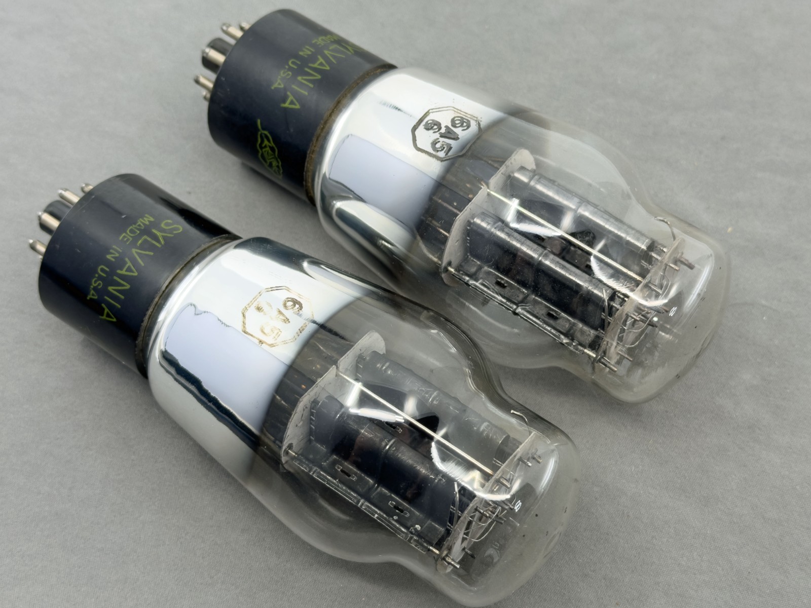 Matched Pair Sylvania Leaf 6A5G Power Tubes Black Plate Foil Getters Tests NOS