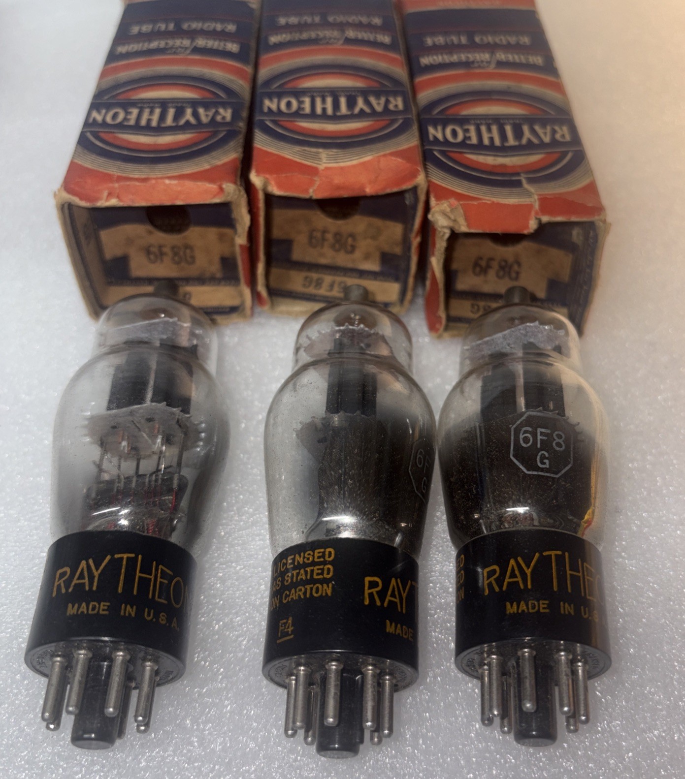 Raytheon 6F8G Vacuum Tubes Clear Glass Amplitrex Tested NOS Strong In Box