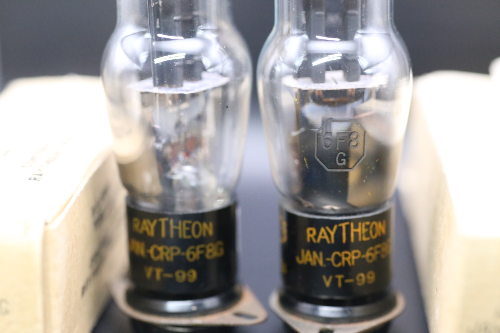 Matched Pair 1944 Raytheon VT-99 6F8G (6SN7) JAN CRP Black T-Plate NOS Boxes Str