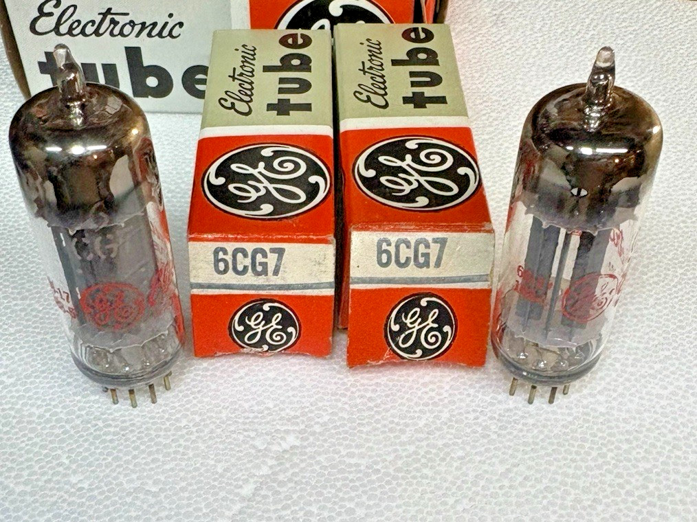 VERY RARE 1960 NOS NIB PERFECT MATCH PAIR 6CG7 6FQ7 GE TRIPLE PLATES *RED LOGOS*