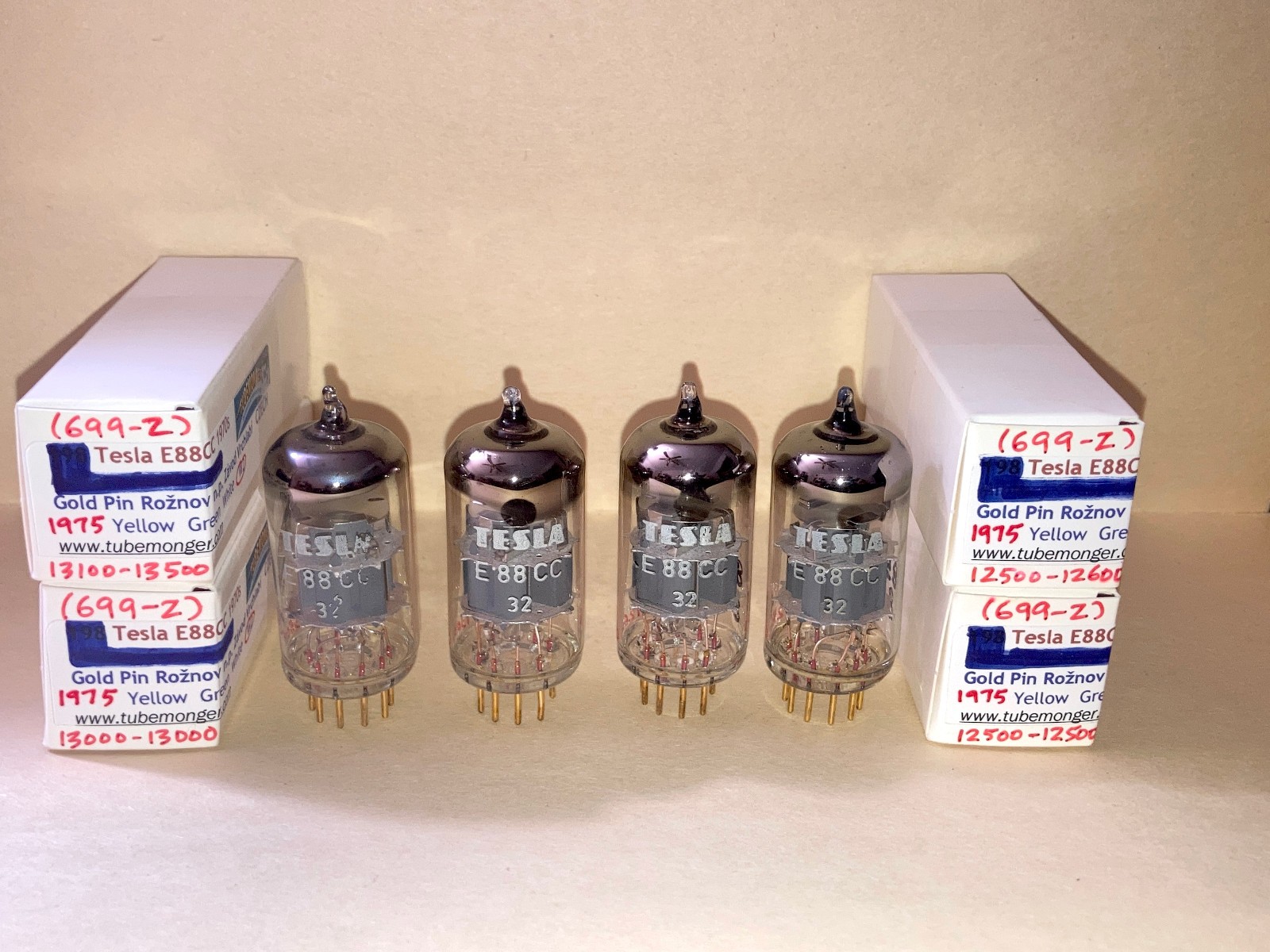 Tesla E88CC 6922 Tubes, Matched Quad, Tested, Czechia, Matched Codes, Gold Pins