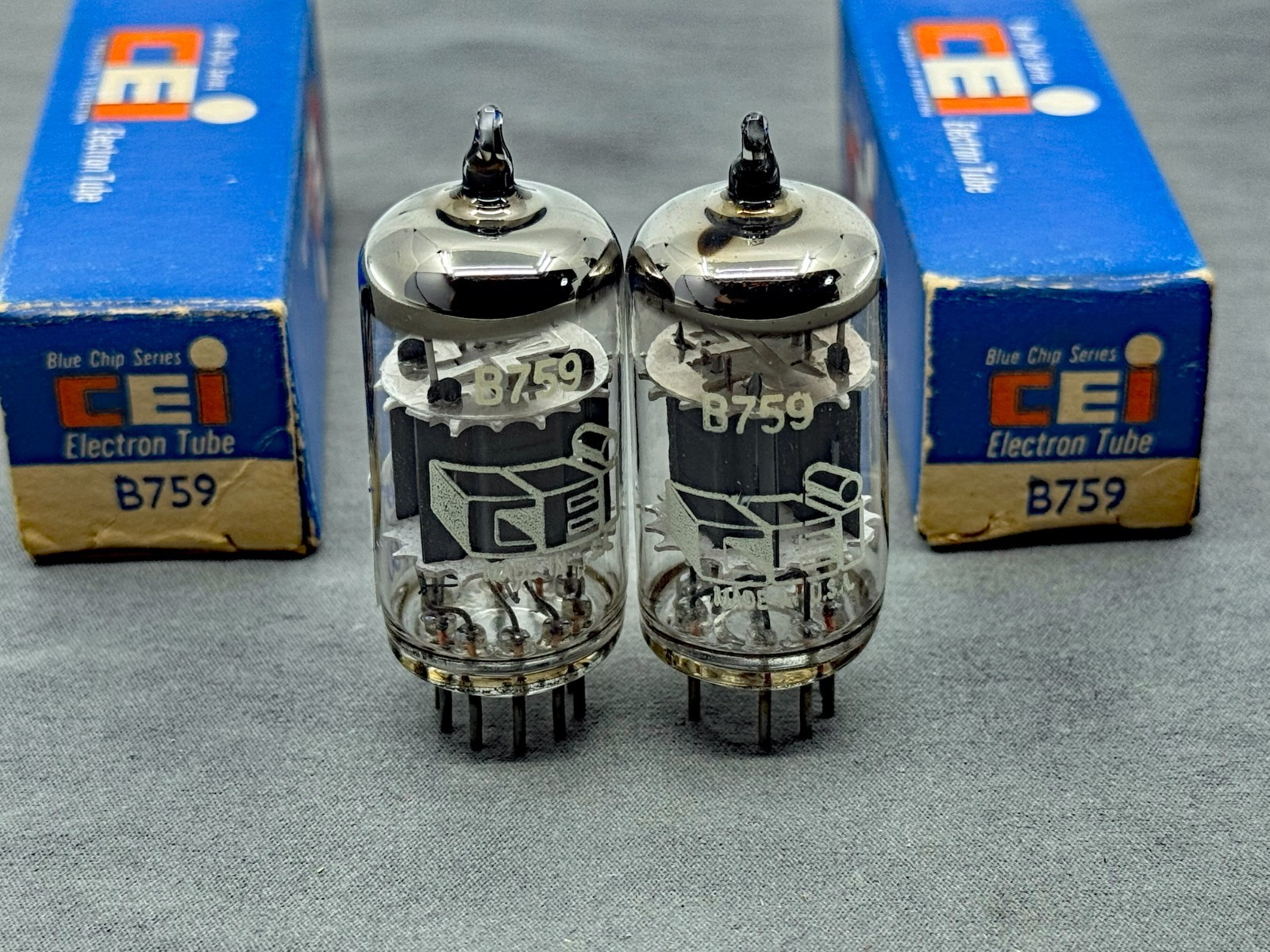 (2) NOS CEI B759 Premium 12AX7 Tubes Short Gray Plates Tests NOS Amplitrex