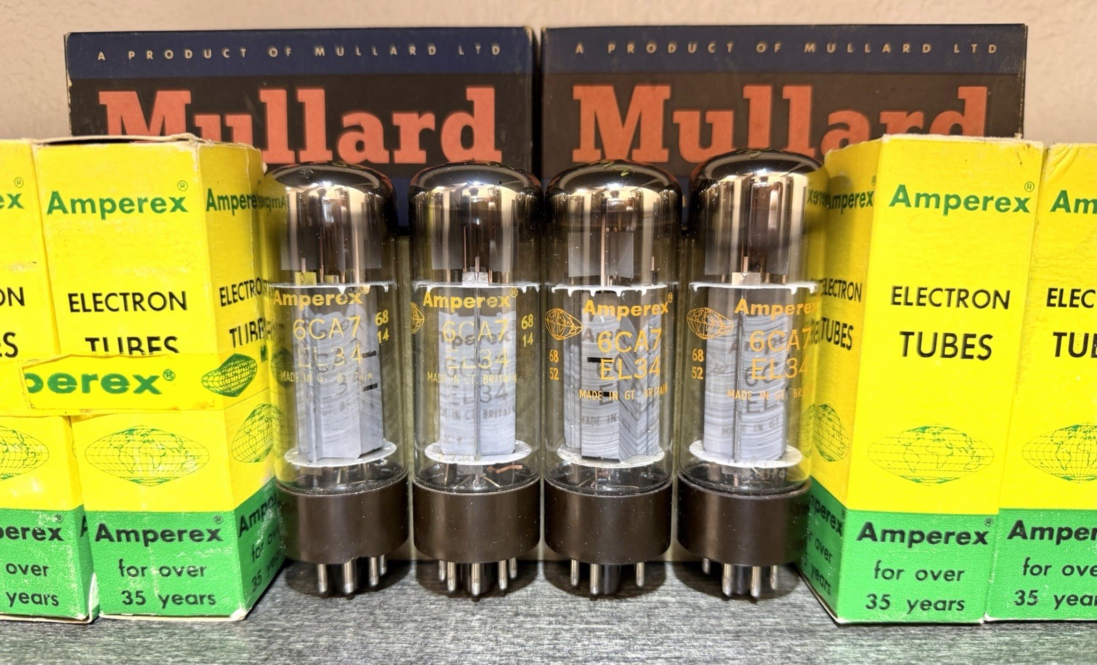(4) 1968 Mullard Blackburn xf2 Tubes Orange Amperex “Globe” Logos TV7 Tested EX+