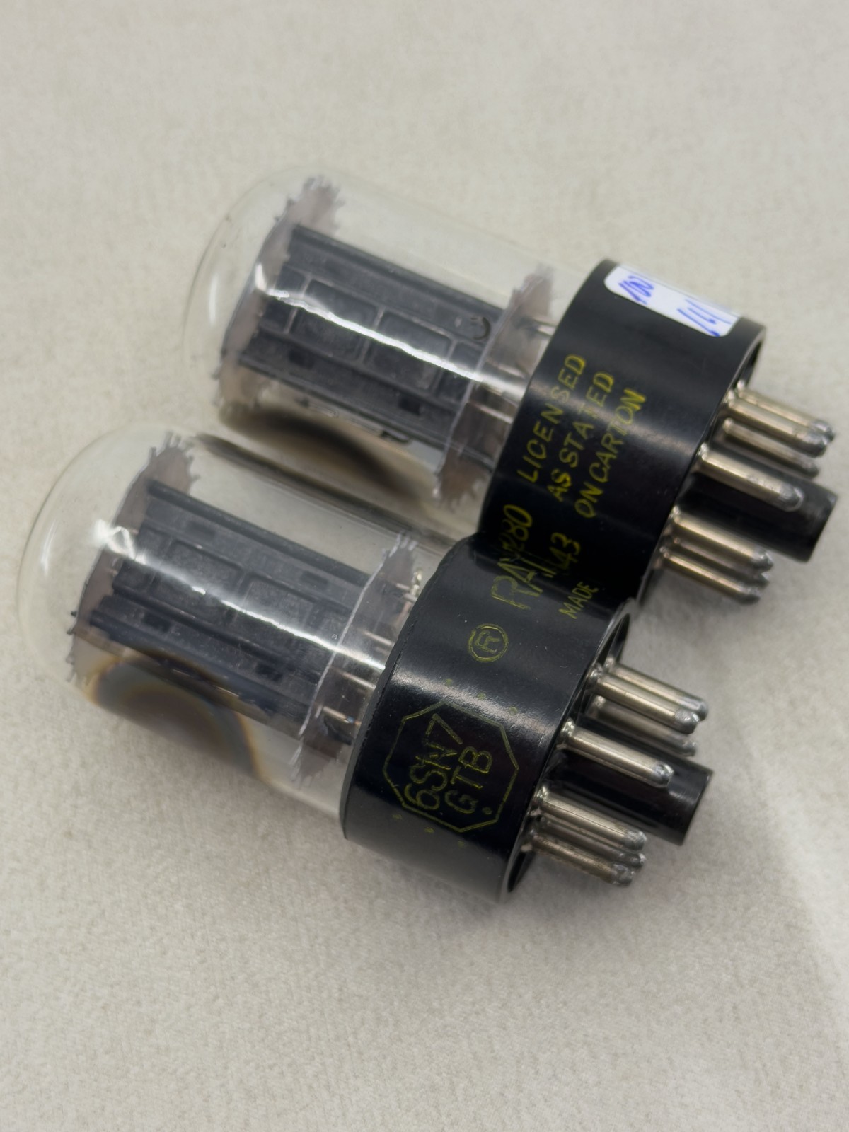 (2) Raytheon 6SN7GTB Tubes Black Plates Side Getters Tests Strong Amplitrex