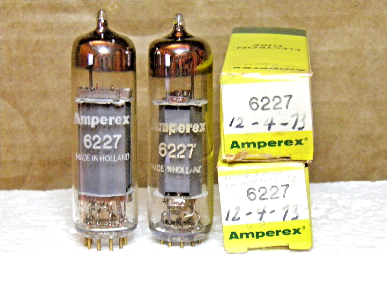 A MATCHED PAIR OF AMPEREX 6227/E80L GOLD PIN NOS/NIB VACUUM TUBES