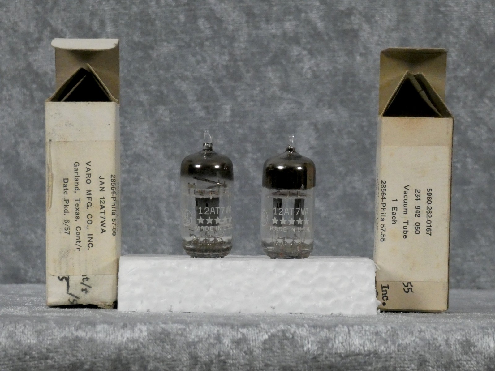 Two New Old Stock vintage GE 12AT7WA / ECC81 5-star tubes packaged in 1957