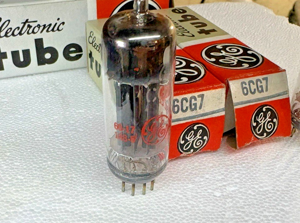 VERY RARE 1960 NOS NIB PERFECT MATCH PAIR 6CG7 6FQ7 GE TRIPLE PLATES *RED LOGOS*