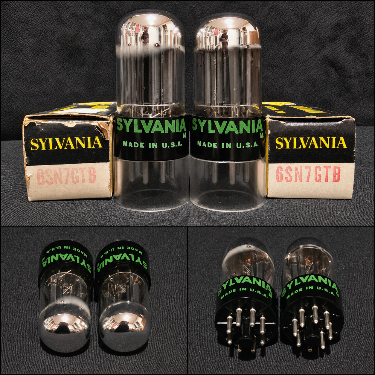 SYLVANIA 6SN7 GTB TUBE 1968 GREEN LABEL BLACK BASE CHROME TOP FOIL MATCHED SET
