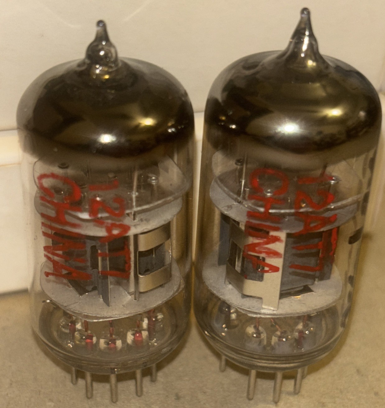 Pair 12AT7 Rare Red Print Shuguang China Preamp Vacuum Tubes Corner Foil Getter