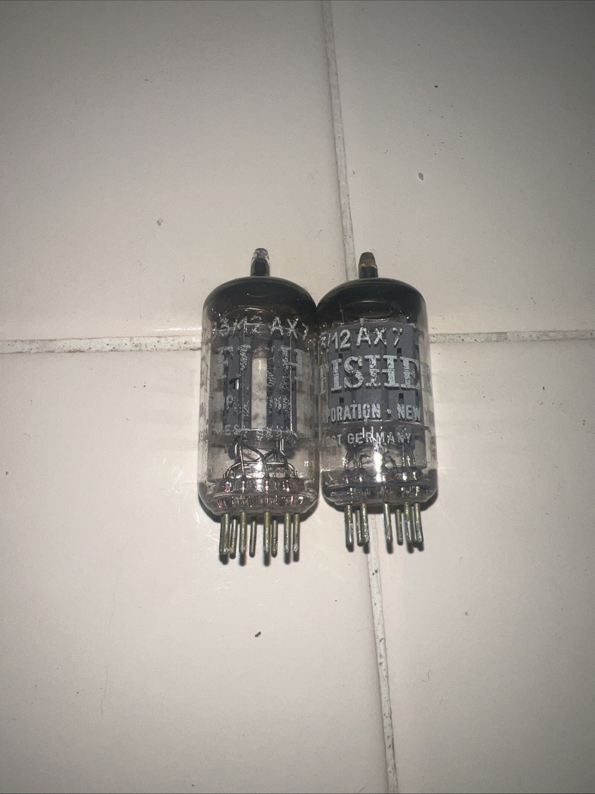 Nice Strong Testing Pair Of The Fisher 12AX7 Audio Tubes Made In Germany Matched