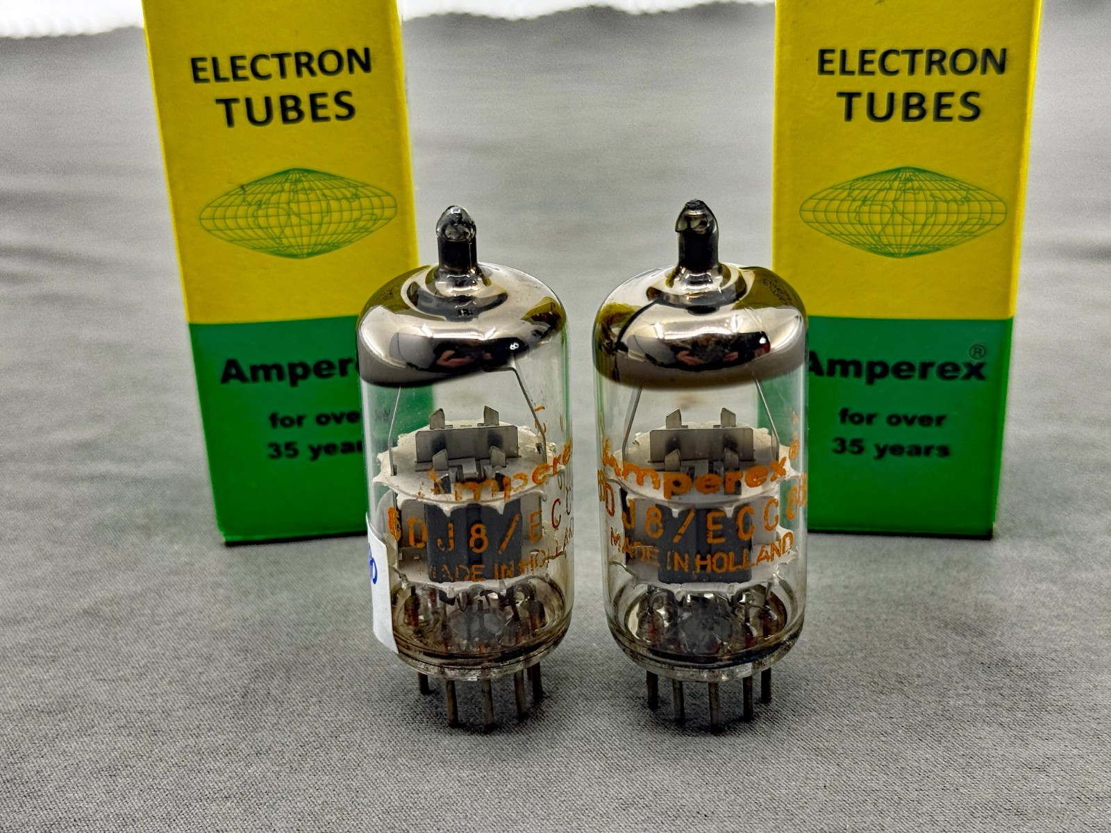 (2) Amperex A-Frame 6DJ8 ECC88 Orange Globe Dimple Disc Getters Δ5D3 Δ4D1 Strong