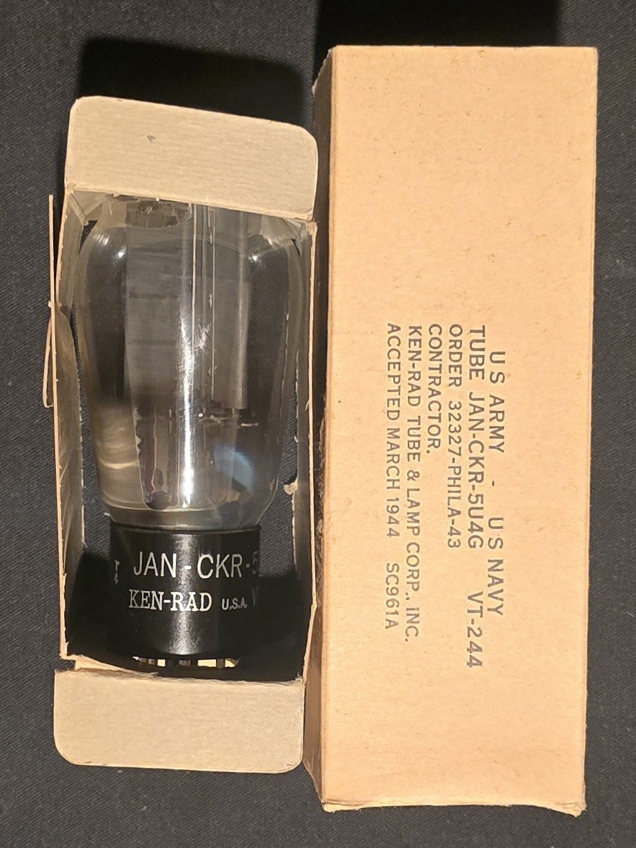 KEN-RAD 5U4G JAN CKR VT-244 TUBE DUAL CENTER RODS CHROME FOIL MILITARY SPEC NIB