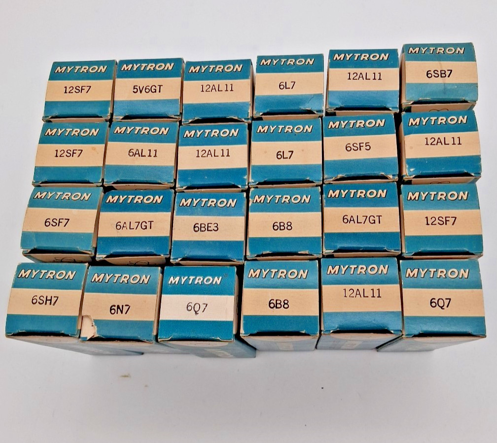 Lot of 24 NOS Mytron Vacuum Tubes – 6AL7GT, 5V6GT, 6Q7, 12AL11, and More