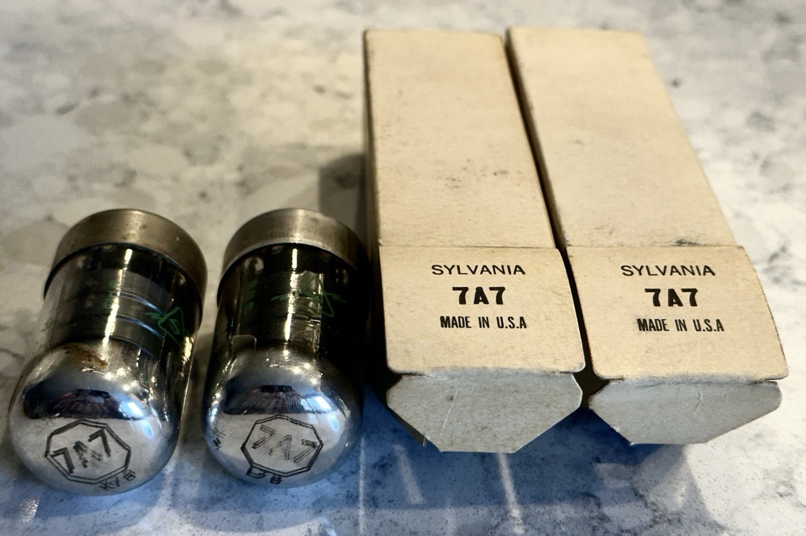 Set Of 2 Sylvania 7A7 Electron Tube Bulbs Untested In Boxes Military? Issue