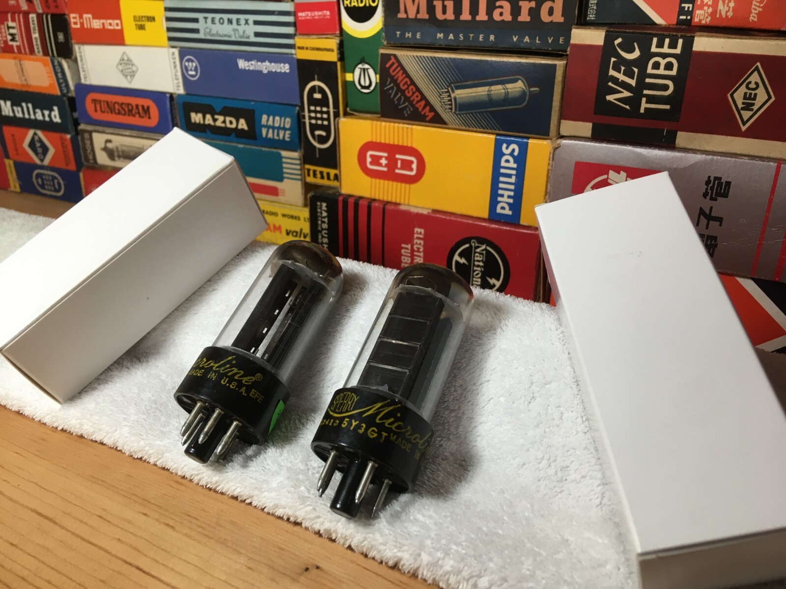 2 Matched NOS Black Plate Sperry Microline USA 5Y3GT ~ Same Code Audio Tubes