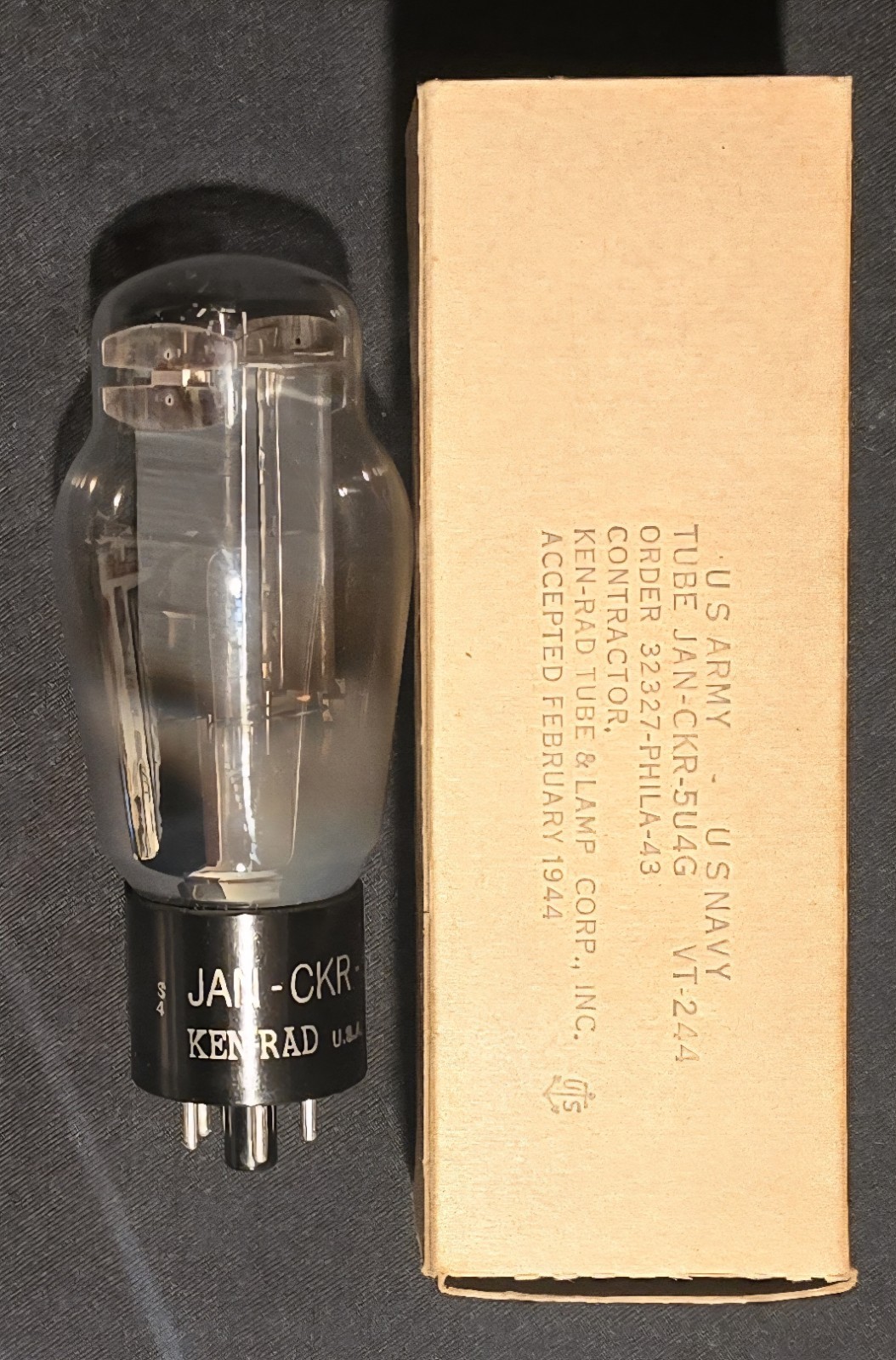 KEN-RAD 5U4G JAN CKR VT-244 TUBE DUAL CENTER RODS CHROME FOIL MILITARY SPEC NIB