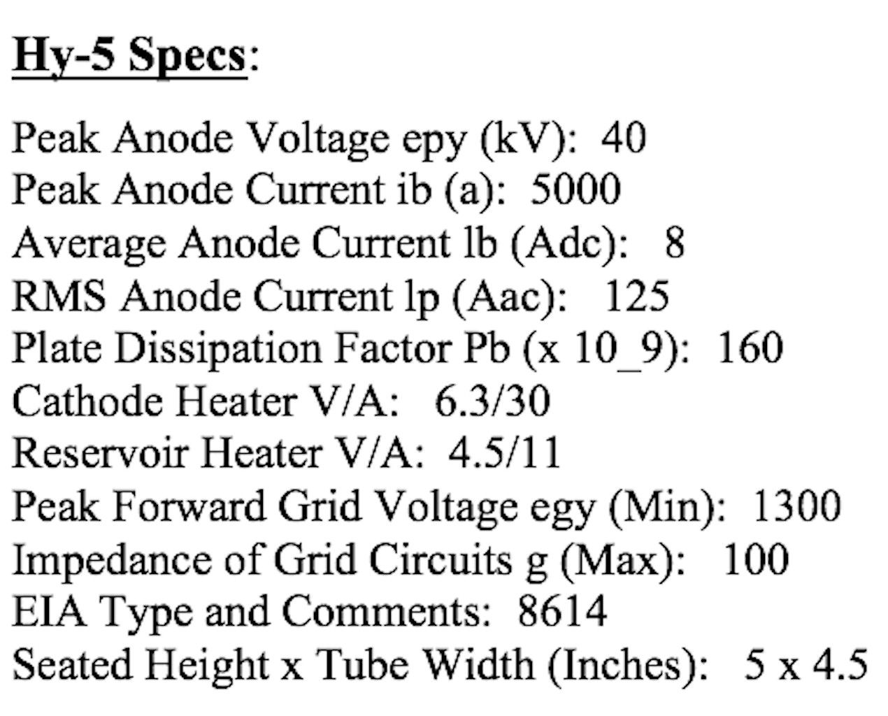 8614 HY-5 Hydrogen Thyratron Tube EG&G 5 kA @40 KV Fast Acting Hi Voltage Switch