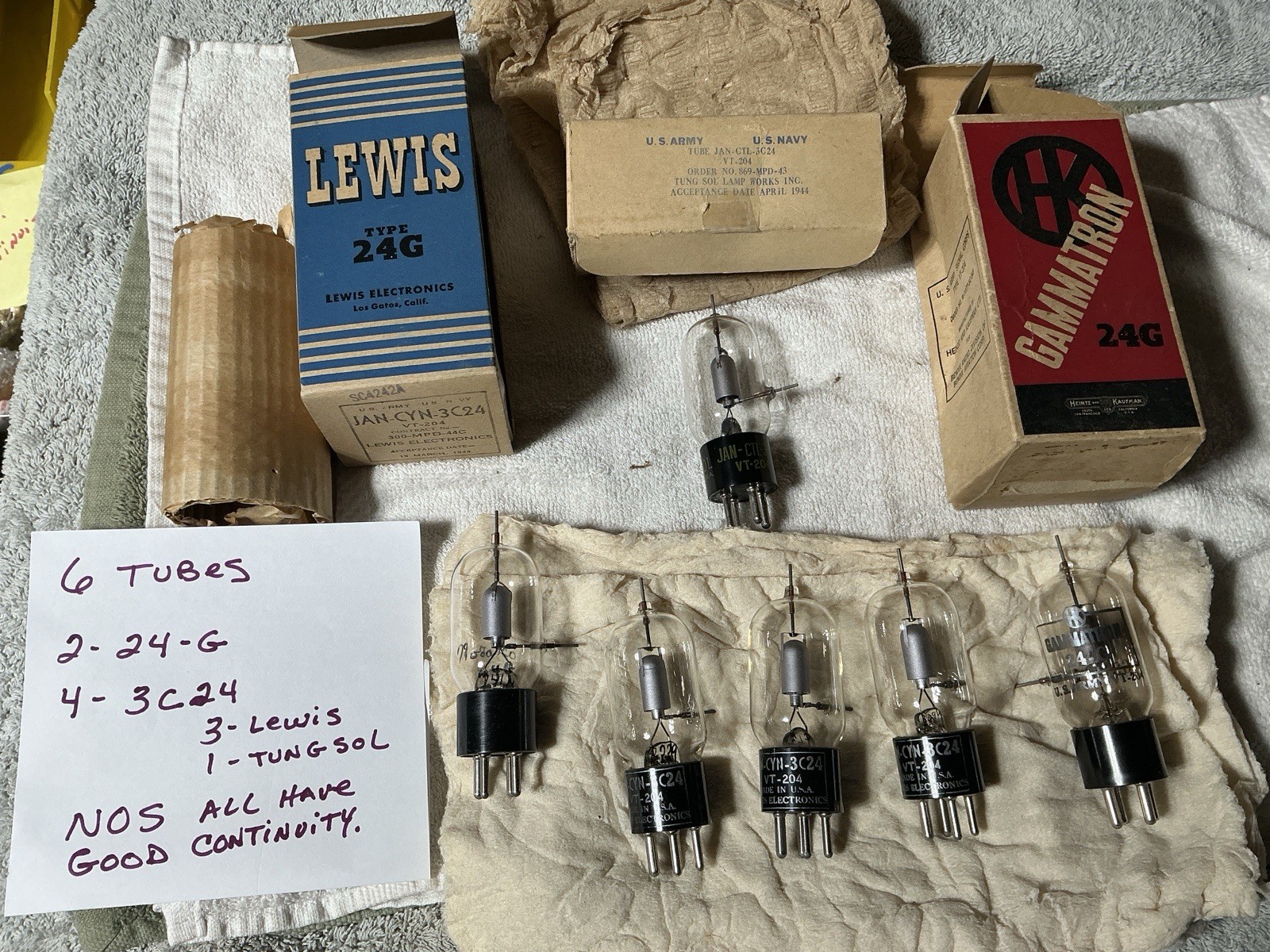 6 VT-204 VACUUM TUBES 24G 3C24 NOS LEWIS Heinz & Kaufman JAN-CYN- 3C24 GAMATRON