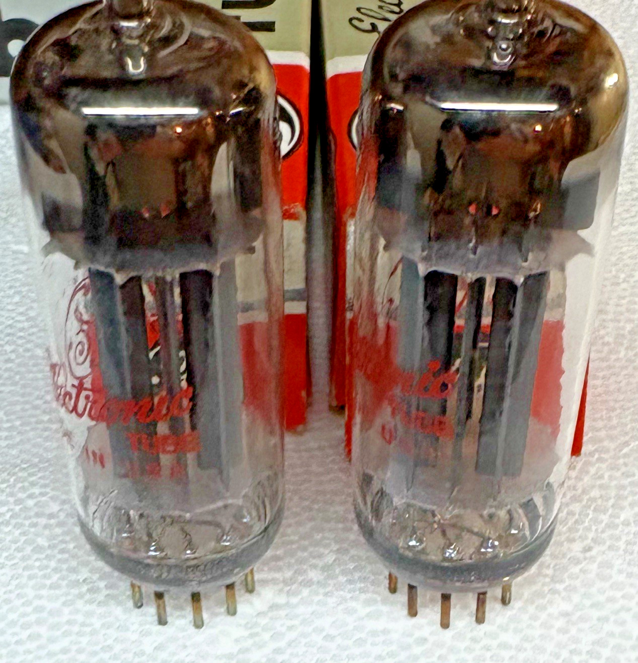 VERY RARE 1960 NOS NIB PERFECT MATCH PAIR 6CG7 6FQ7 GE TRIPLE PLATES *RED LOGOS*