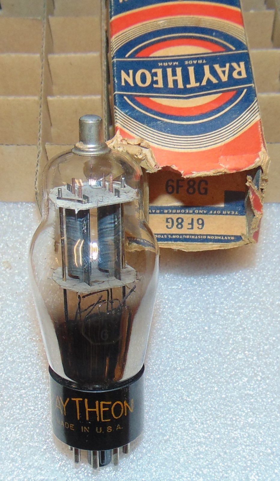 RARE NOS RAYTHEON 6F8G CLOTH WIRE VT-99 ROUND PLATES W/ ADAPTER 6SN7 USA 1940’S