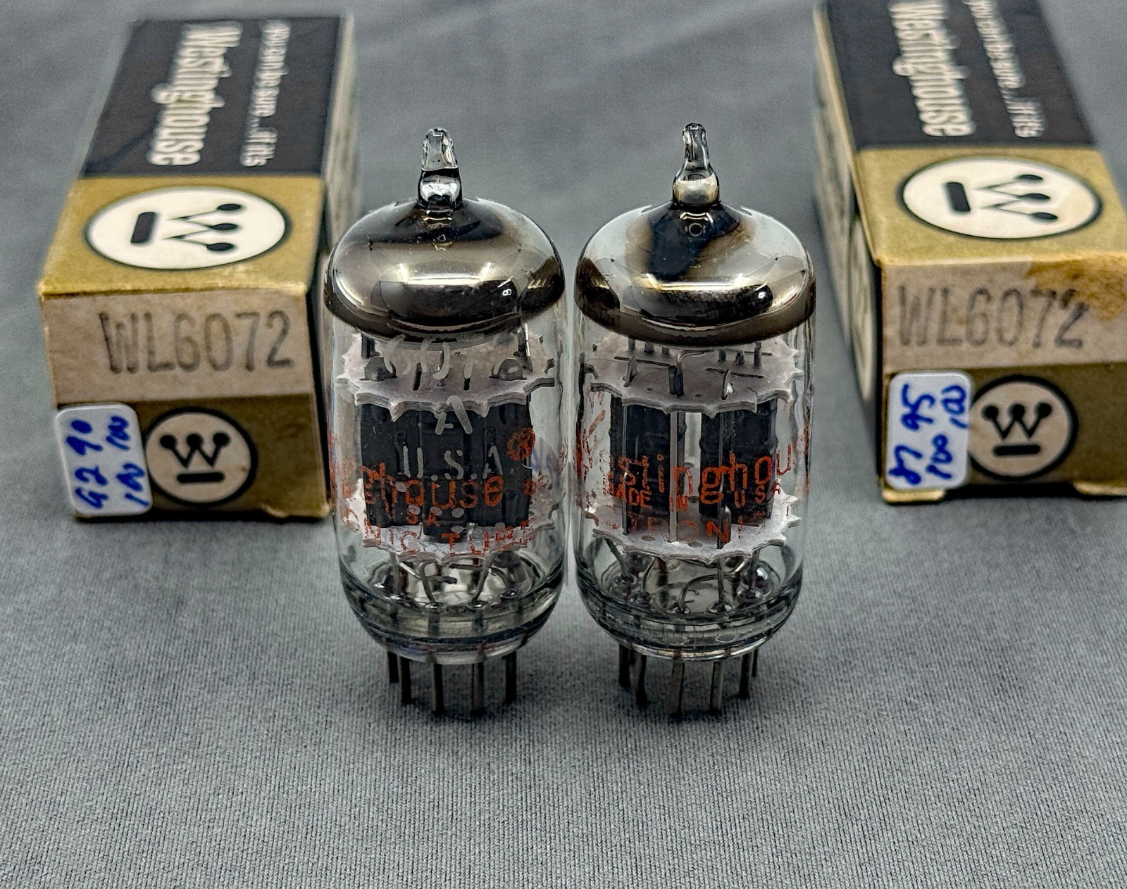 Matched NOS Pair Westinghouse 6072 Tubes Black Plates Disc Getters Amplitrex