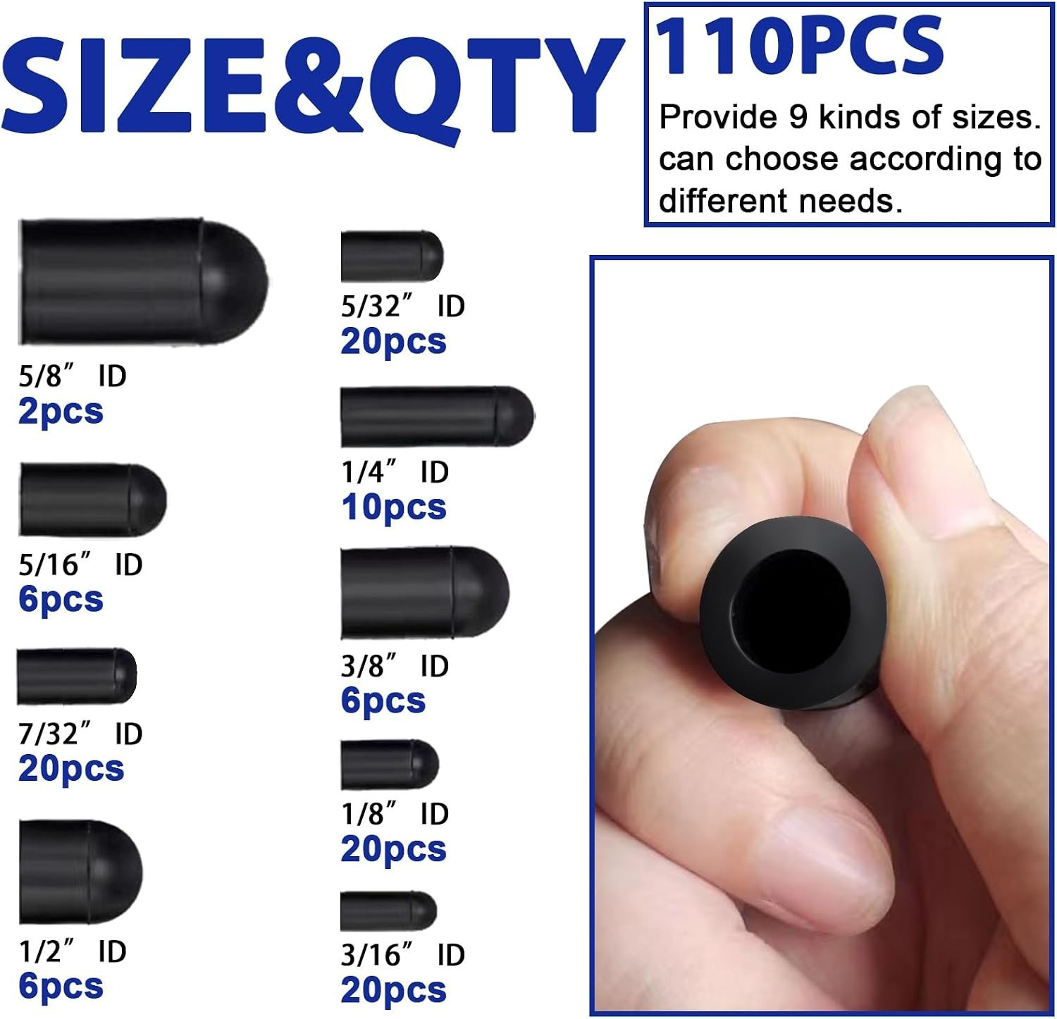 Versatile 110 PCS Rubber Vacuum Caps – Twist-on Closure, 9 Size Options