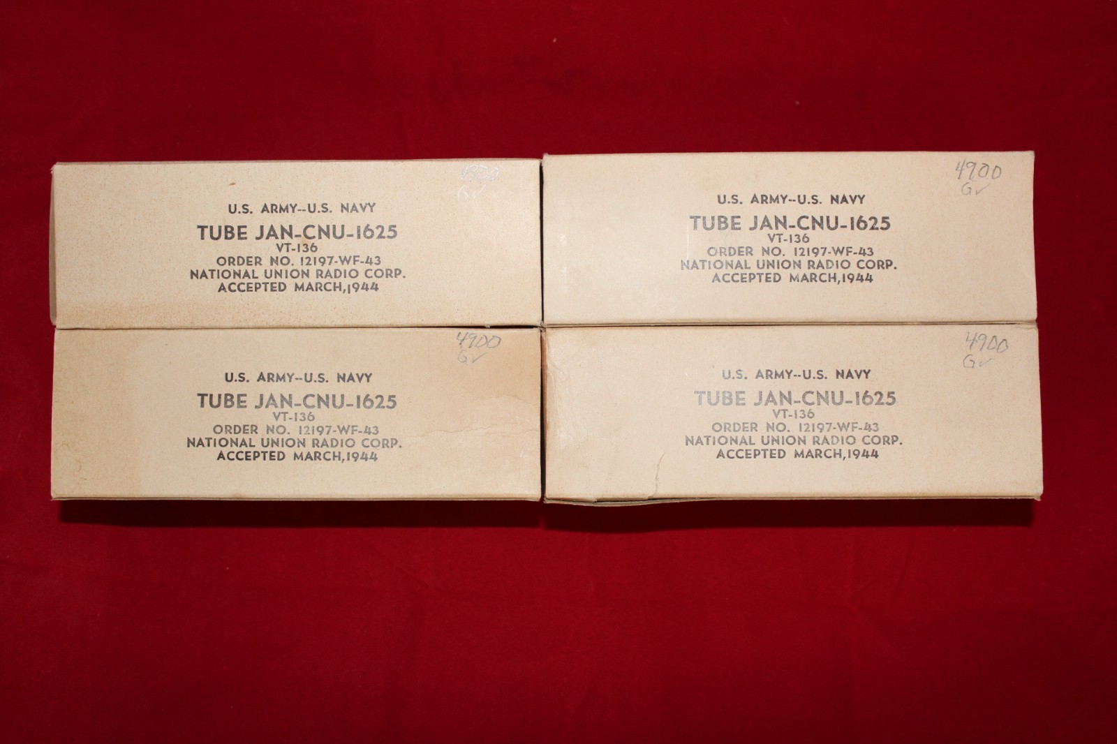 4 NOS JAN-CNU-1625 Vacuum Tubes Quad March 1944 National Union Matched 4900 Gm