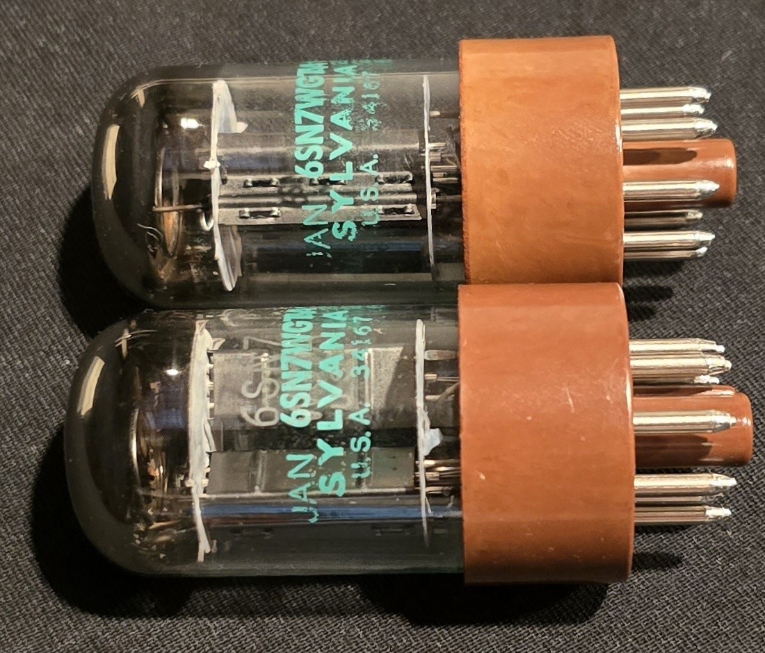 SYLVANIA 6SN7 GTA JAN CHS CHROME TOPPED HALOS BROWN BASE MATCHING SET NIB