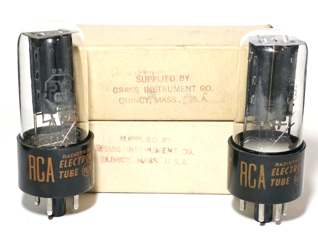 1960s Matched Pair RCA 5Y3GT Vacuum Tubes Black Plate Tested NOS On TV 7