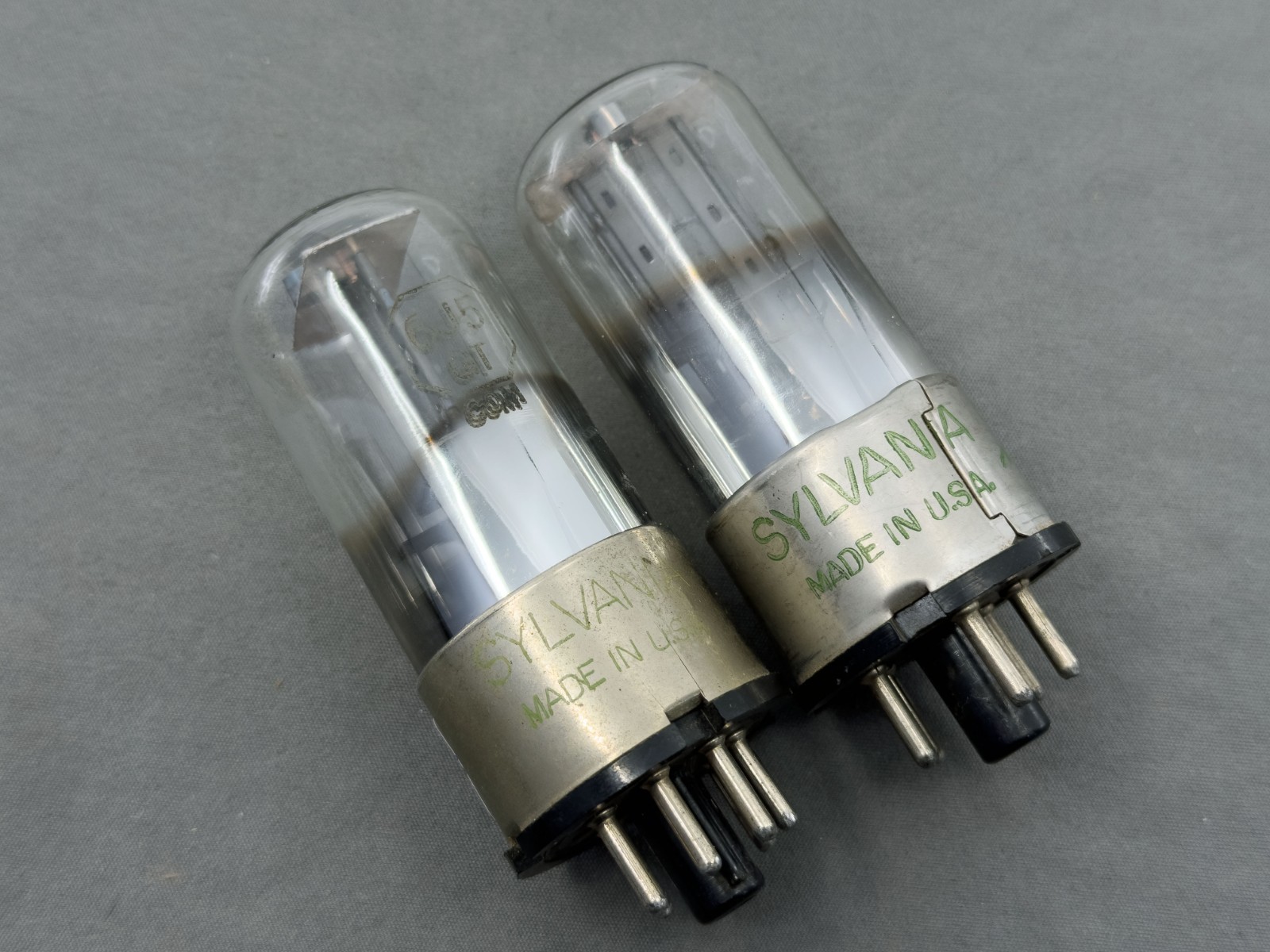 (2) Sylvania 6J5GT Tall Bottle Vacuum Tubes Metal Base Gray Plates Tests NOS