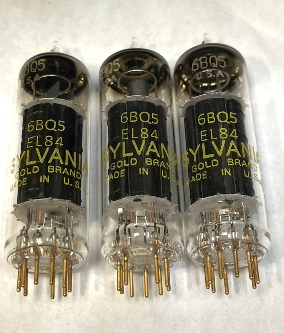 MEGA RARE NOS PERFECT TRIO GOLD PIN SYLVANIA BLACK PLATE EL84 6BQ5 TUBES 60S USA
