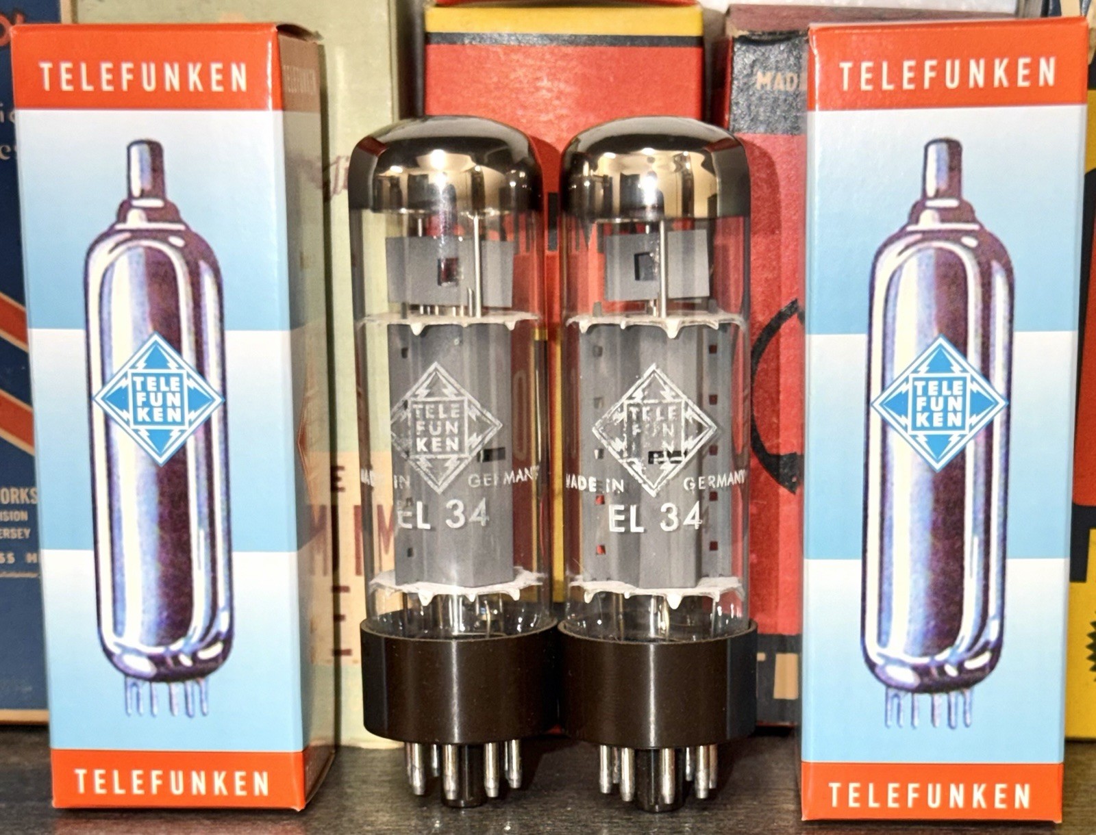 MATCHED PAIR ORIGINAL TELEFUNKEN GERMANY EL34 OO GETTER TUBES TESTED NOS & MATCH