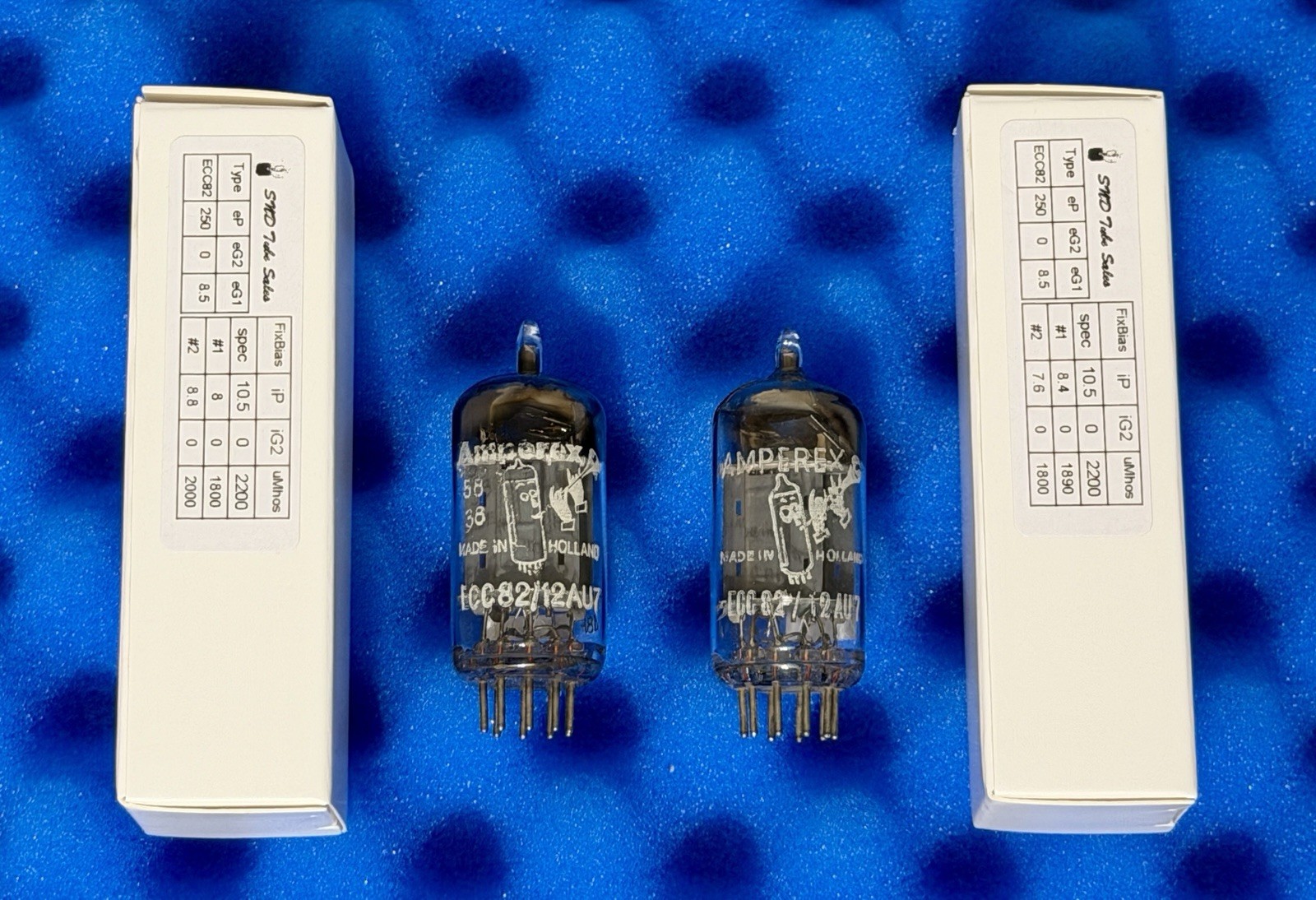 TWO Amperex ECC82 12AU7 Tubes /Amplitrex Tested / Foil D Getters / Long Plates