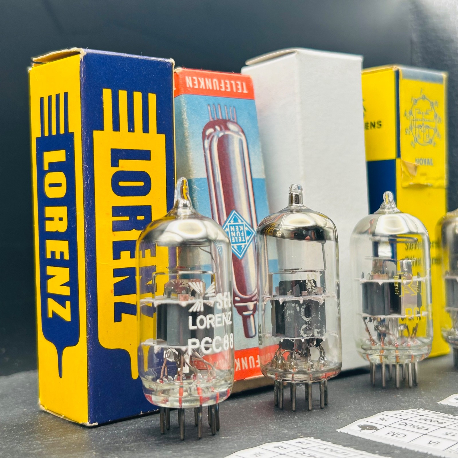 4x PCC88 7DJ8 Lorenz Siemens RFT Mixed Tested Tube Lot w/ Boxes