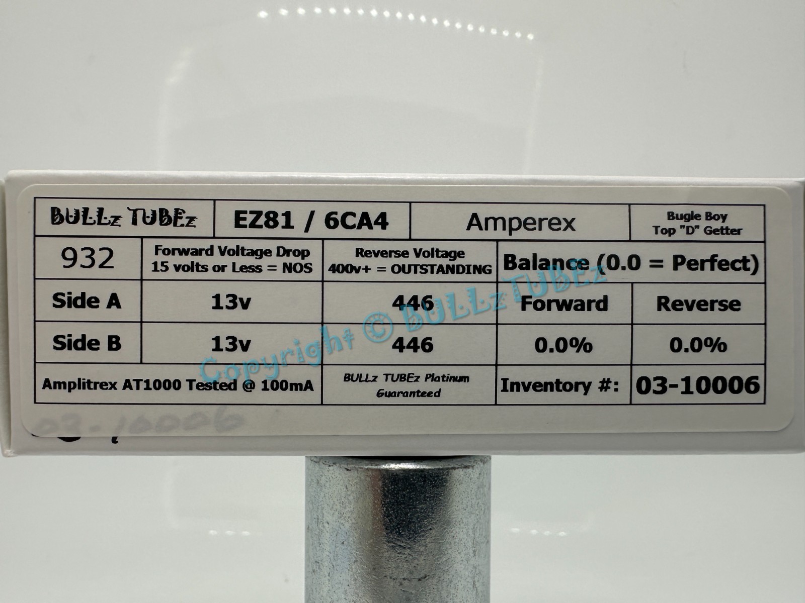 Amperex EZ81 Bugle Boy Top “D” Getter TESTS NOS on AT1000 6CA4