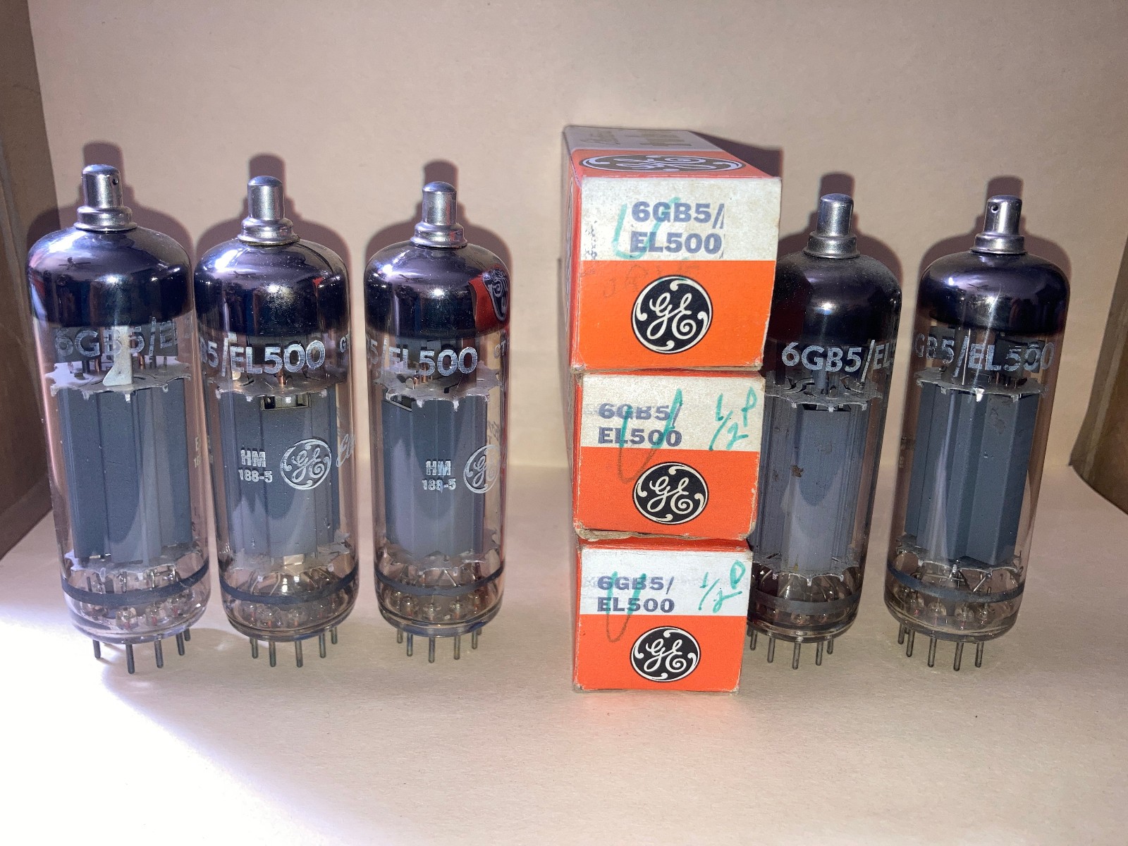 Five Mullard Blackburn marked GE 6GB5 EL500 Tubes, 3 Appear NOS, 2 Appear Used