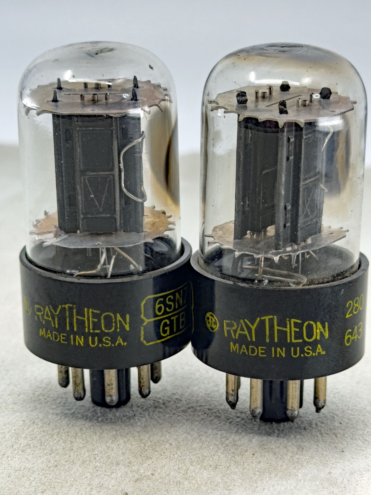 (2) Raytheon 6SN7GTB Tubes Black Plates Side Getters Tests Strong Amplitrex