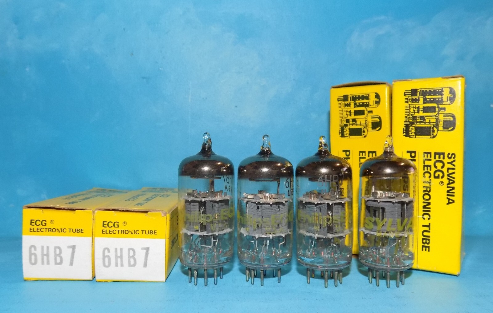 4 Philips ECG 6HB7 Tubes Halo Getters Copper Posts NOS/NIB