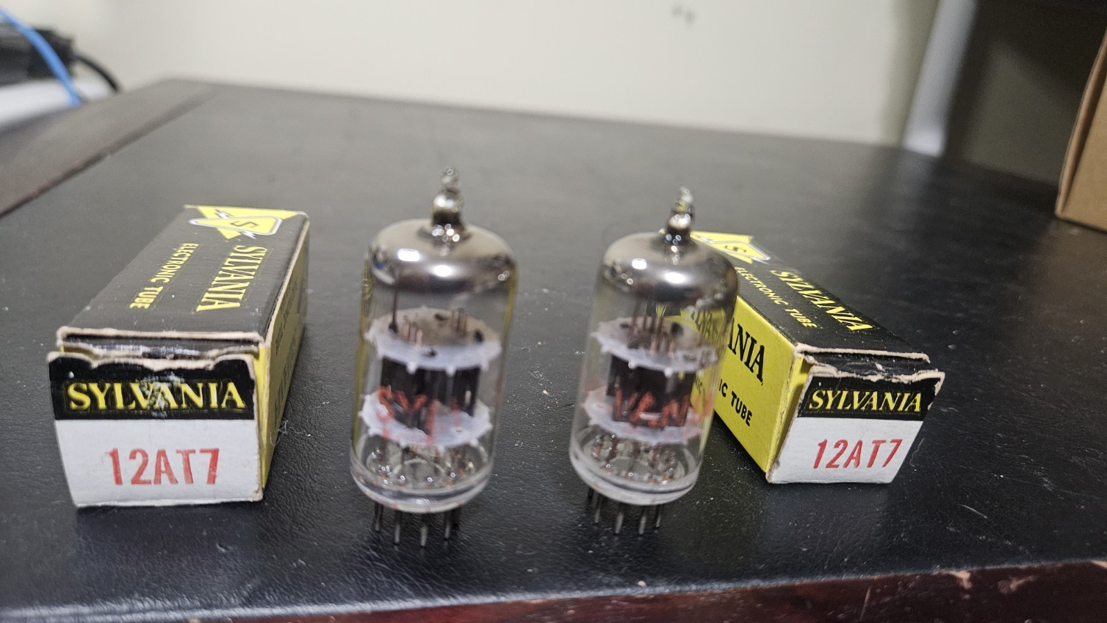 ⭐️TEST NEW NOS NIB MATCHED PAIR SYLVANIA 12AT7 ECC81 BLACK PLATE TUBE TV7 LOT#A+