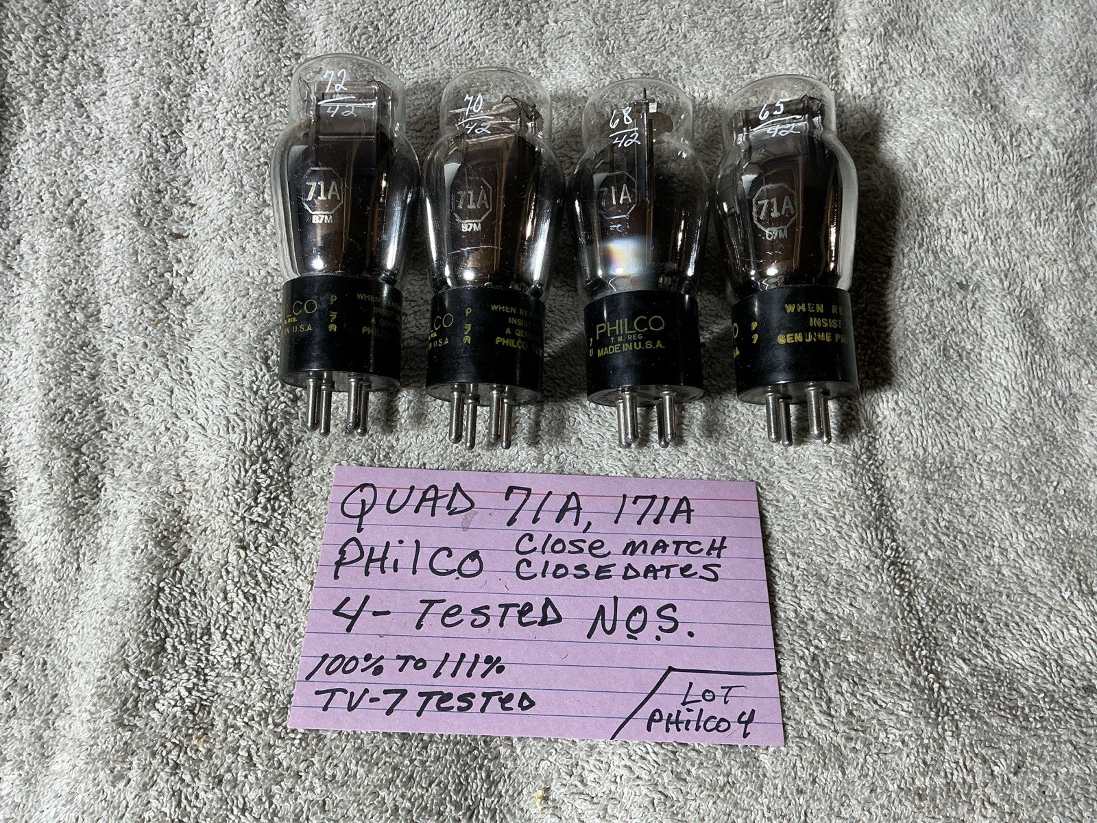 4 close MATCHED PHILCO 71A 171A AMPLIFIER TUBES TV-7 TESTED NOS 100%-111% VTG
