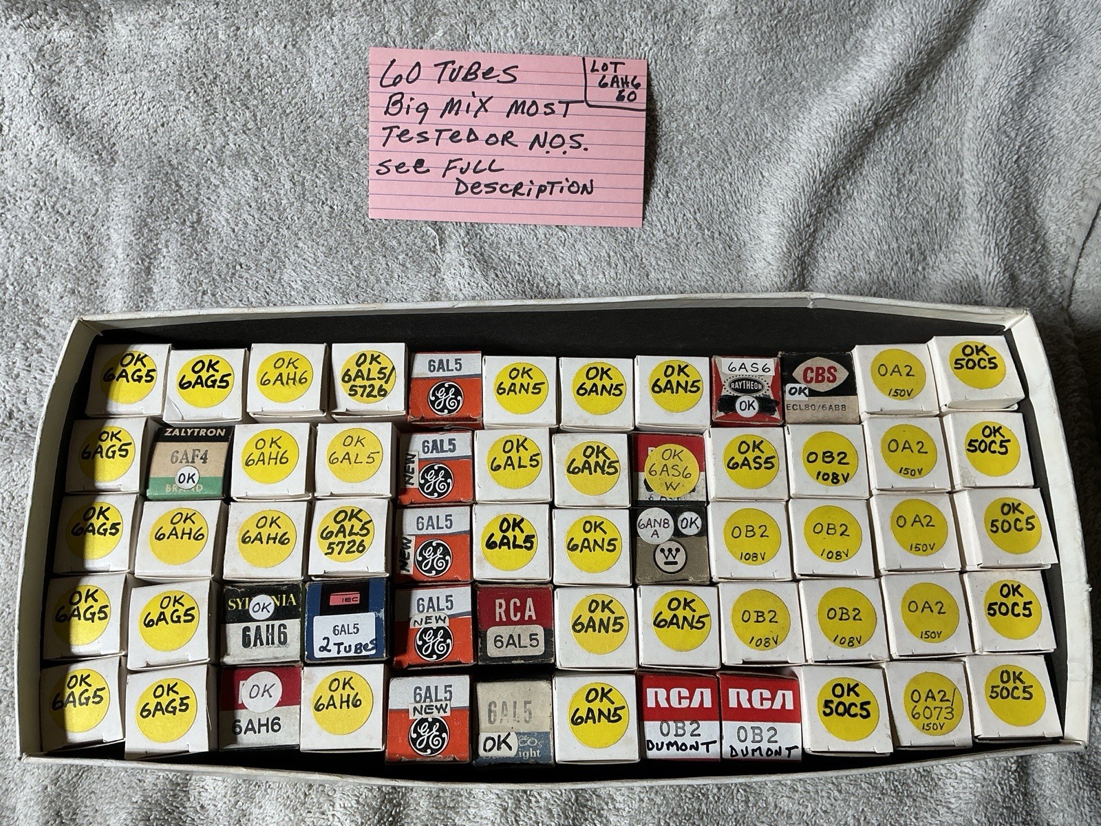 Lot Of 60 Radio Audio Vacuum Tubes 0A2 0B2 6AN5 6AL5 6AH6 6AG5 MOST TESTED RCA +