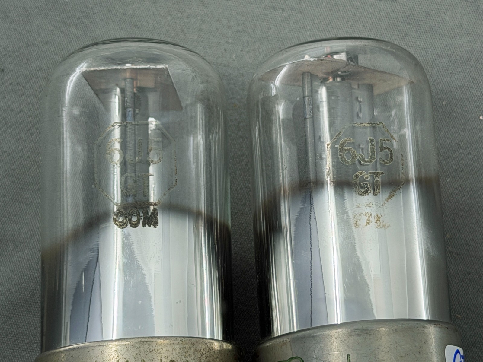 (2) Sylvania 6J5GT Tall Bottle Vacuum Tubes Metal Base Gray Plates Tests NOS