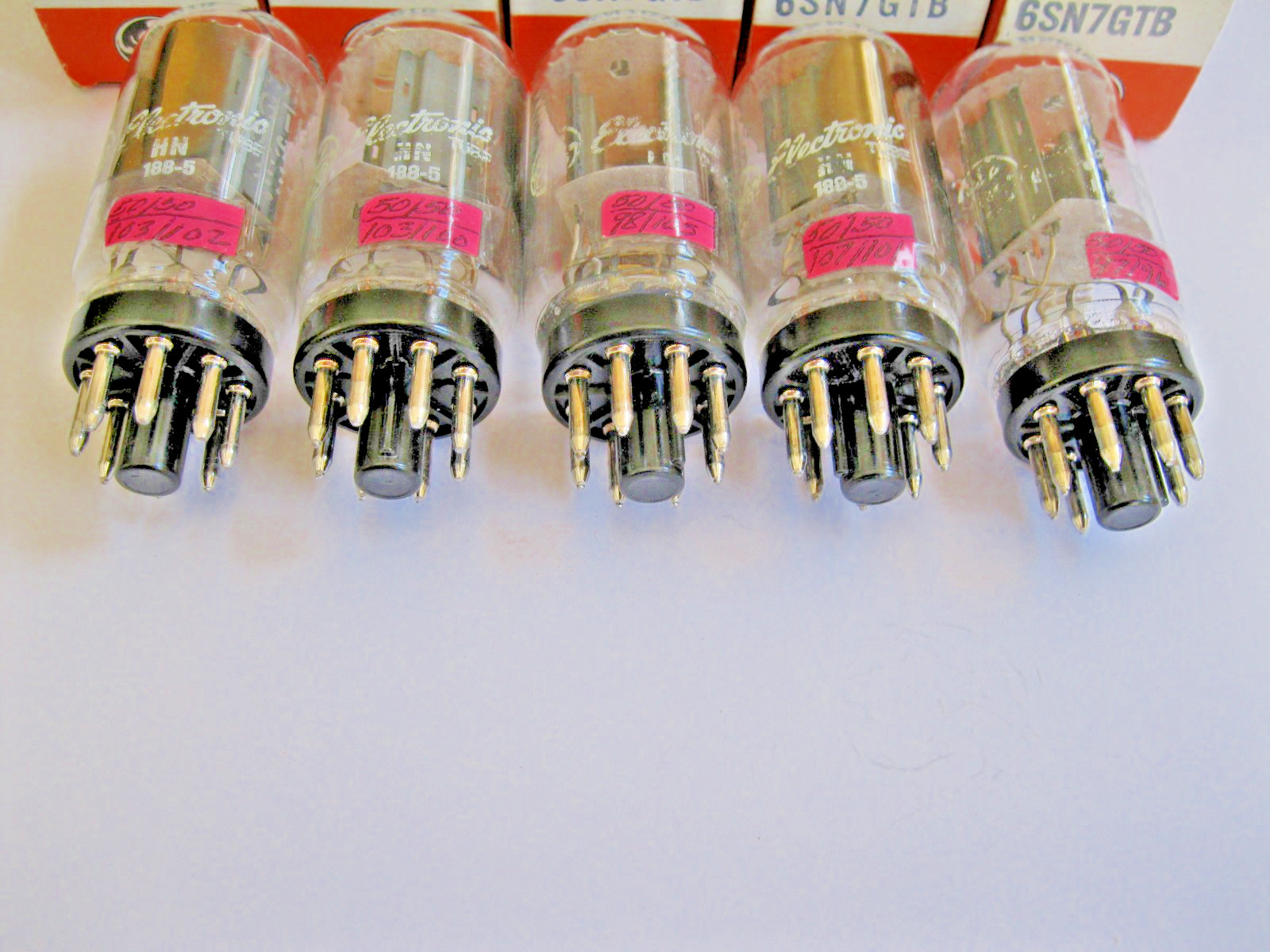 NEW 5 GE 6SN7GTB/6SN7 VACUUM TUBES GLOW TOPS COIN BASE MATCHED DATE TV-7 TESTED.